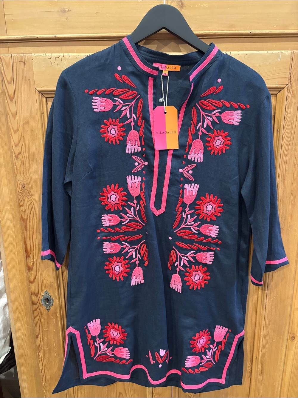 Vilagallo Navy Tunic with Pink & Red Floral Embroidery